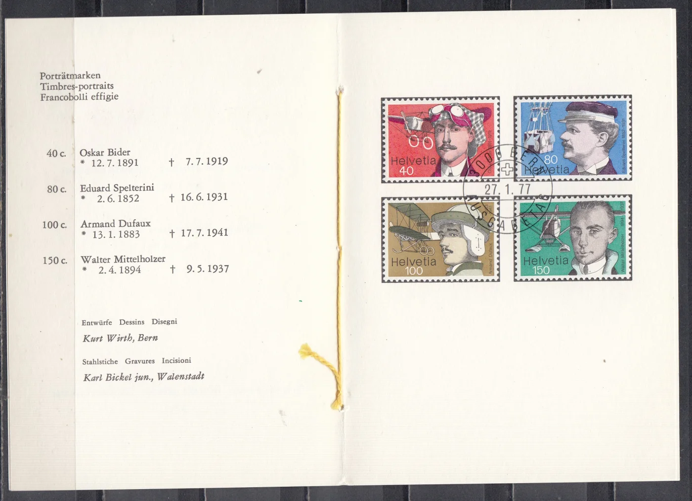 Швейцария - ETB(гашение первого дня). Пионеры авиации(1977).