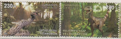 Армения - Динозавры. Змея "Титанобоа" и динозавр "Велоцираптор"(2021).